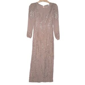 Beaded Full Length Silk Embellished Dress Gown Size 6 Taupe Wedding Awards Night